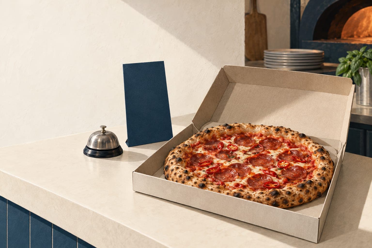 Illustrasjon av en pizza i en åpen eske, en blå ordreseddel og en serveringsbjelle.